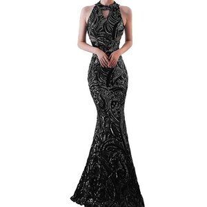 Elegant Halter Fishtail Slim Party Dress - Size Small - Black/ black